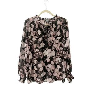 Ruff Hewn Sheer Black with Pink Floral Blouse Tie V Neck Size L
